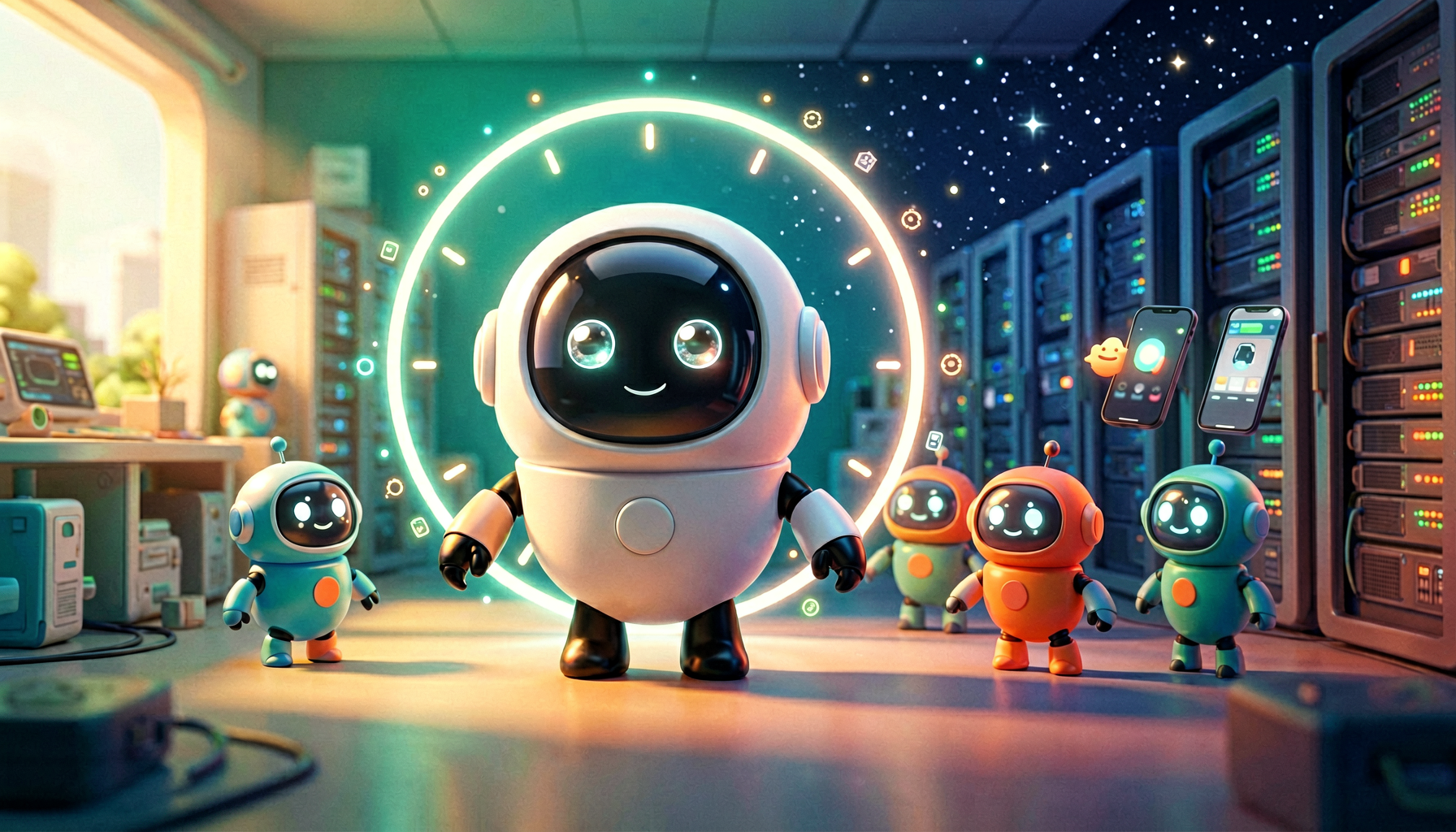 A cheerful robot running automations around the clock