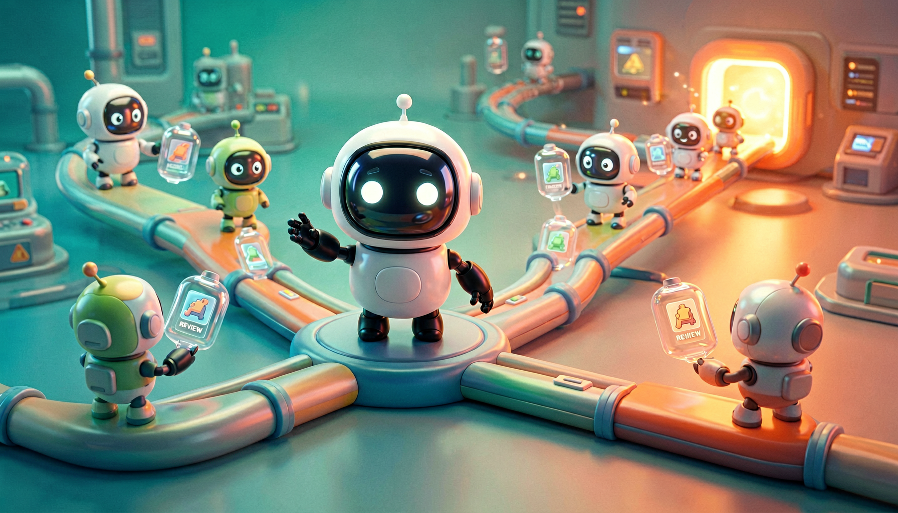 A team of robots coordinating work through an orchestration pipeline